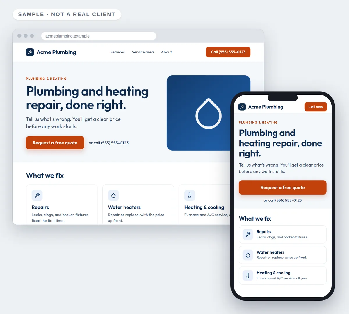 A sample website makeover for a made-up plumbing company, shown on a laptop and a phone: a clear headline, one request-a-quote button, and the phone number at the top.