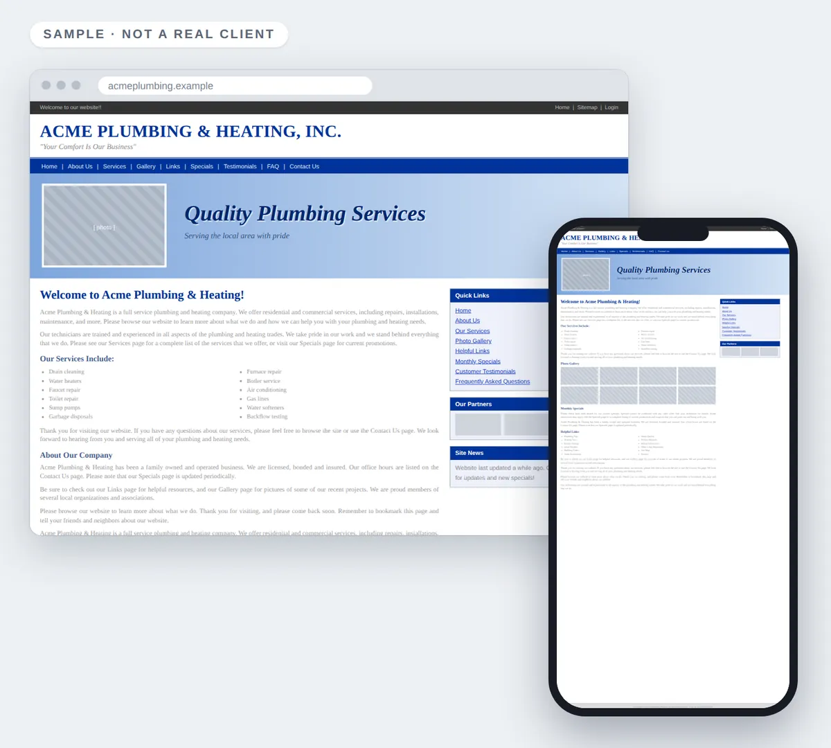 Sample 'before' website for a made-up plumbing company, on a laptop and a phone. The menu has nine links, the text is small and faint, there is no clear button, and on the phone everything is shrunk too small to read.